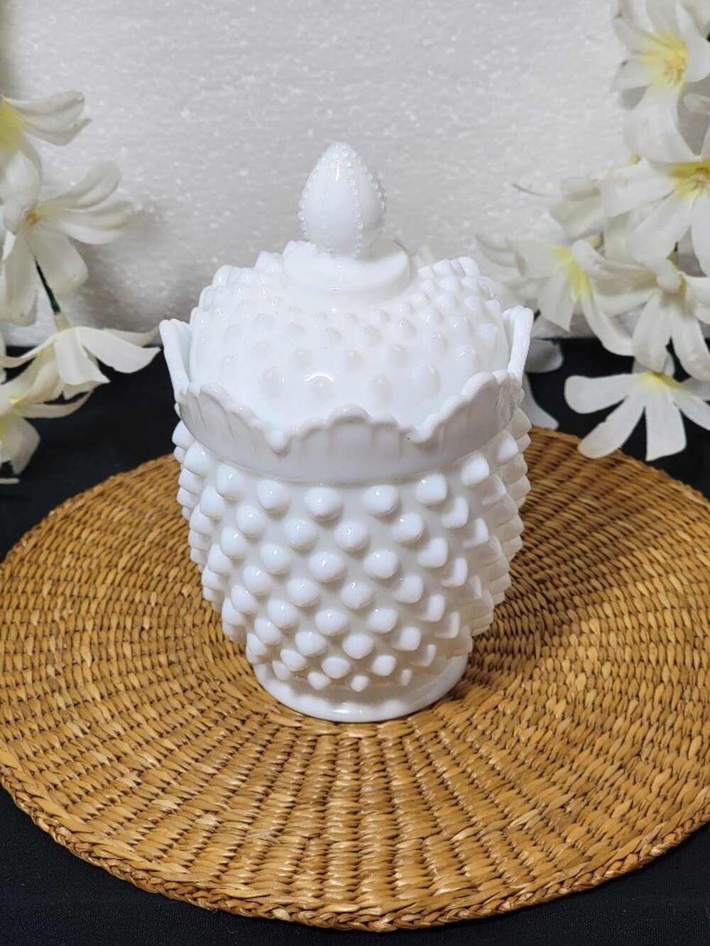 Rare Vintage Fenton Ruffled Hobnail Milk Glass Sugar Bowl with Lid